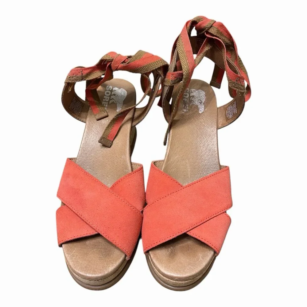 SOREL Joanie II High Ankle Lace Wedge Sandals 9.5 Orange Cork Sporty Gladiator